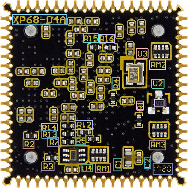 Benchmark sample: Circuit Board Markings (Text Localization) with predicted boxes and labels