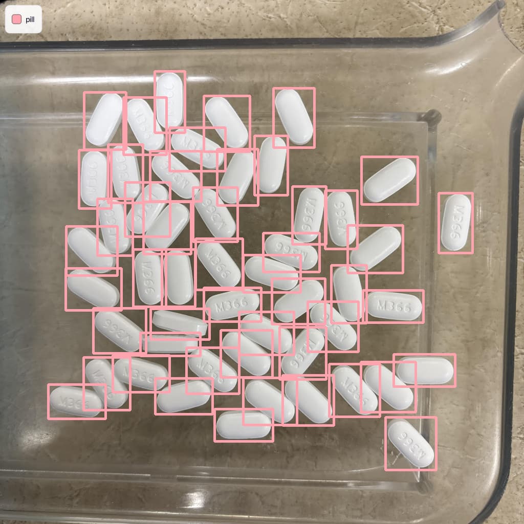 Benchmark sample: Pharmaceutical (Pills) with predicted boxes and labels