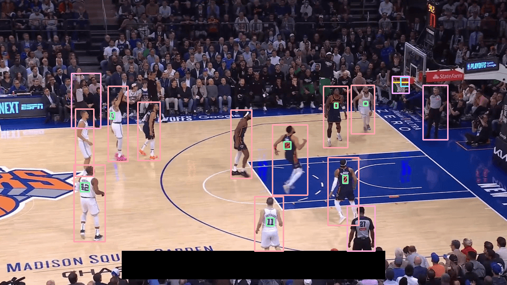 Benchmark sample: Sports (Basketball) with predicted boxes and labels